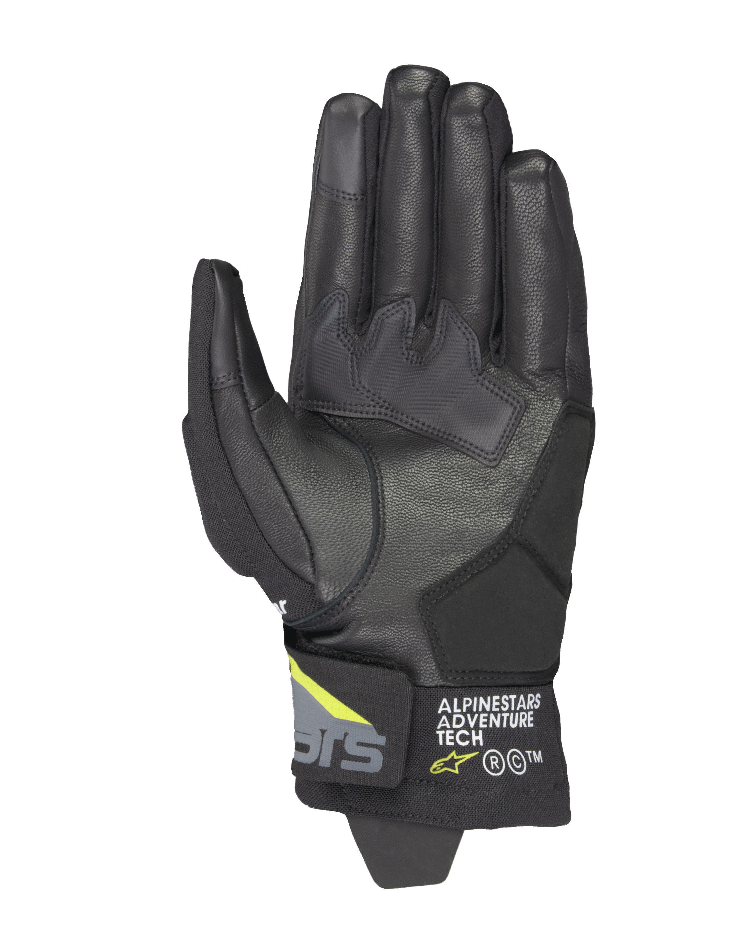 Guantes Alpinestars Corozal V3 Drystar®, color Negro, Gris Profundo y Amarillo Flúor, vista de la palma con confección en cuero y refuerzos sintéticos, puntas de los dedos compatibles con pantallas táctiles y logotipo Alpinestars Adventure Tech en el puño corto.