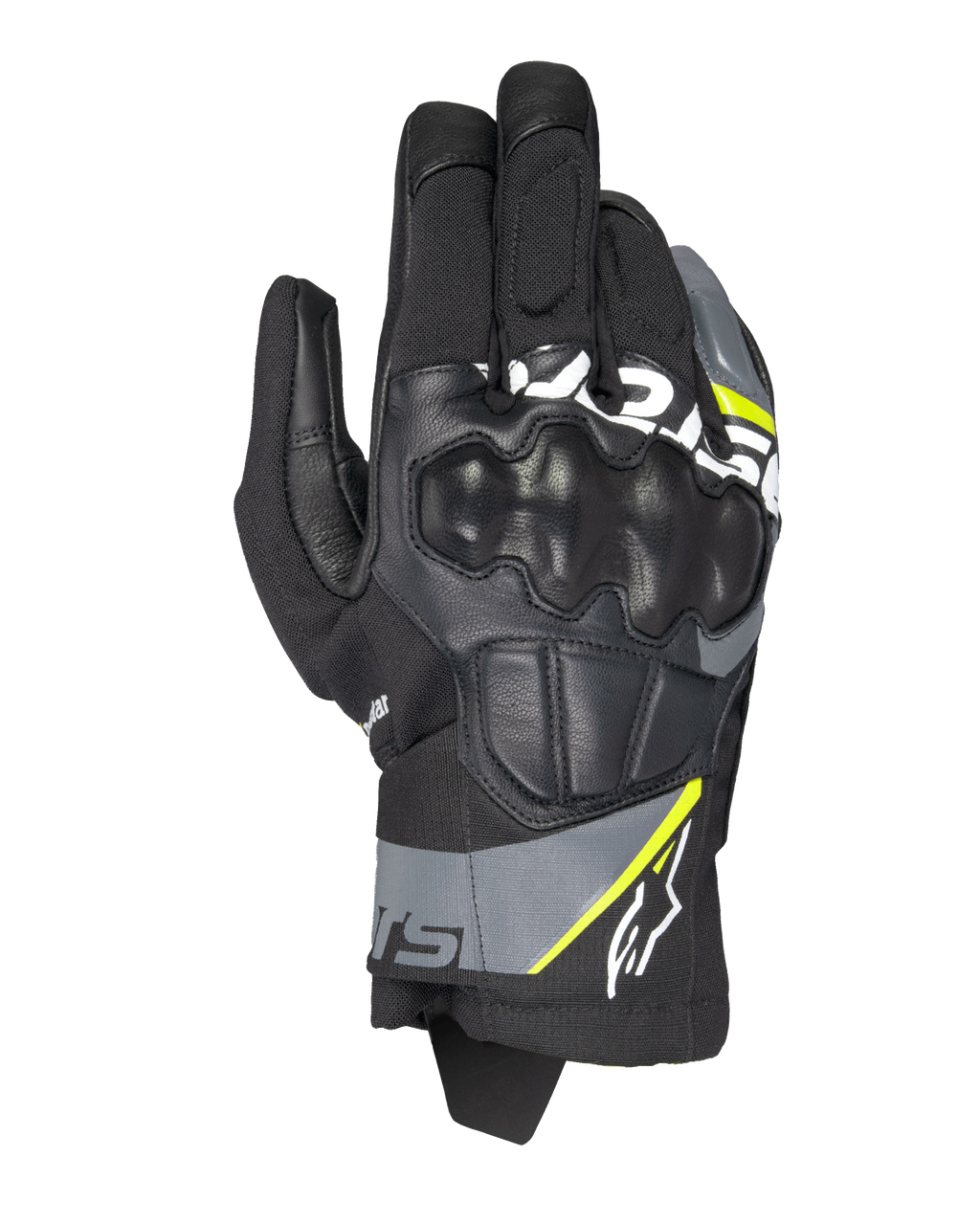 Guantes Alpinestars Corozal V3 Drystar®, guantes de moto de aventura, negros con detalles en gris oscuro y amarillo flúor, confección en cuero y tejido con protección de nudillos moldeada, diseño de puño corto, impermeables y transpirables para cualquier clima