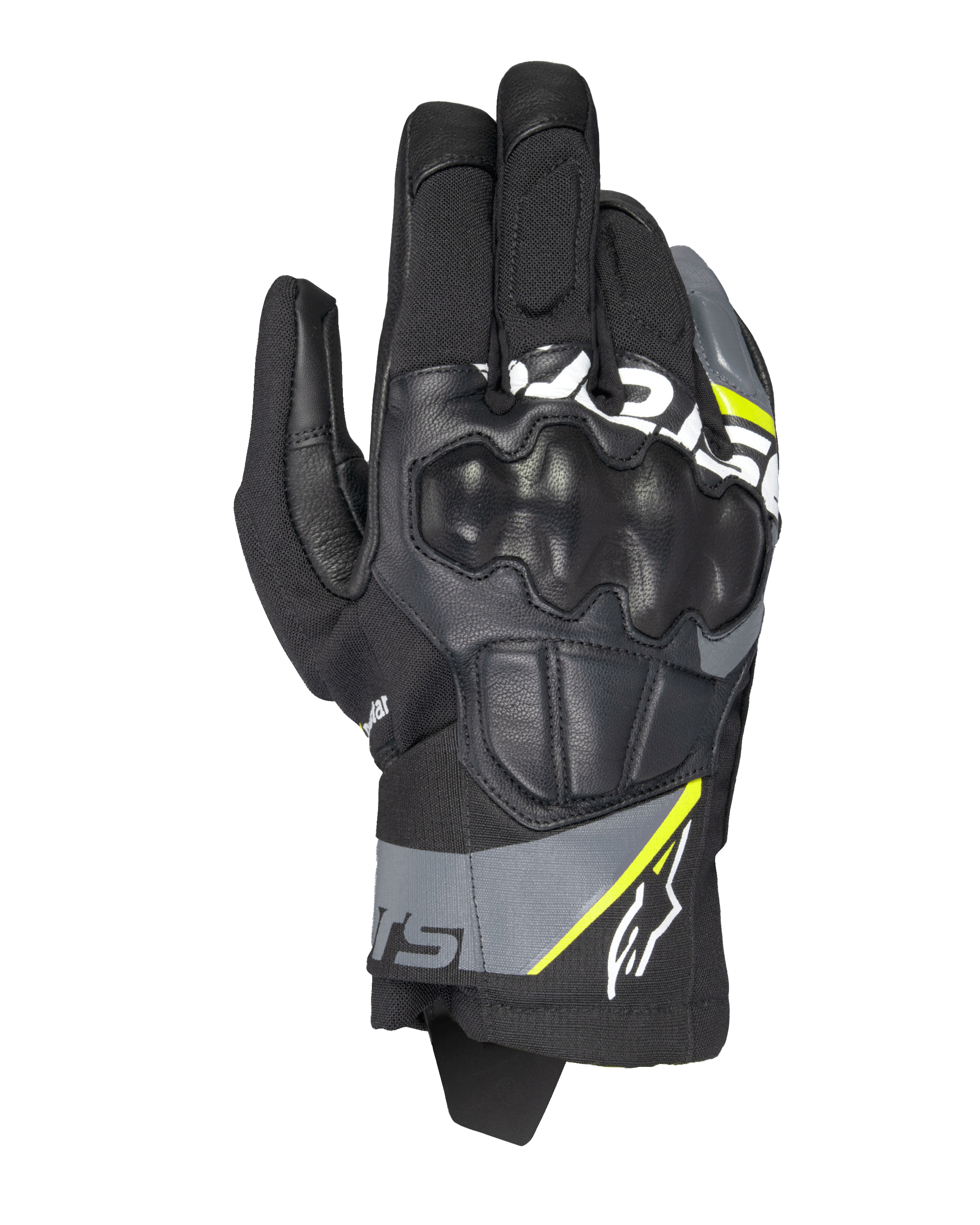 Guantes Alpinestars Corozal V3 Drystar®, guantes de moto de aventura, negros con detalles en gris oscuro y amarillo flúor, confección en cuero y tejido con protección de nudillos moldeada, diseño de puño corto, impermeables y transpirables para cualquier clima