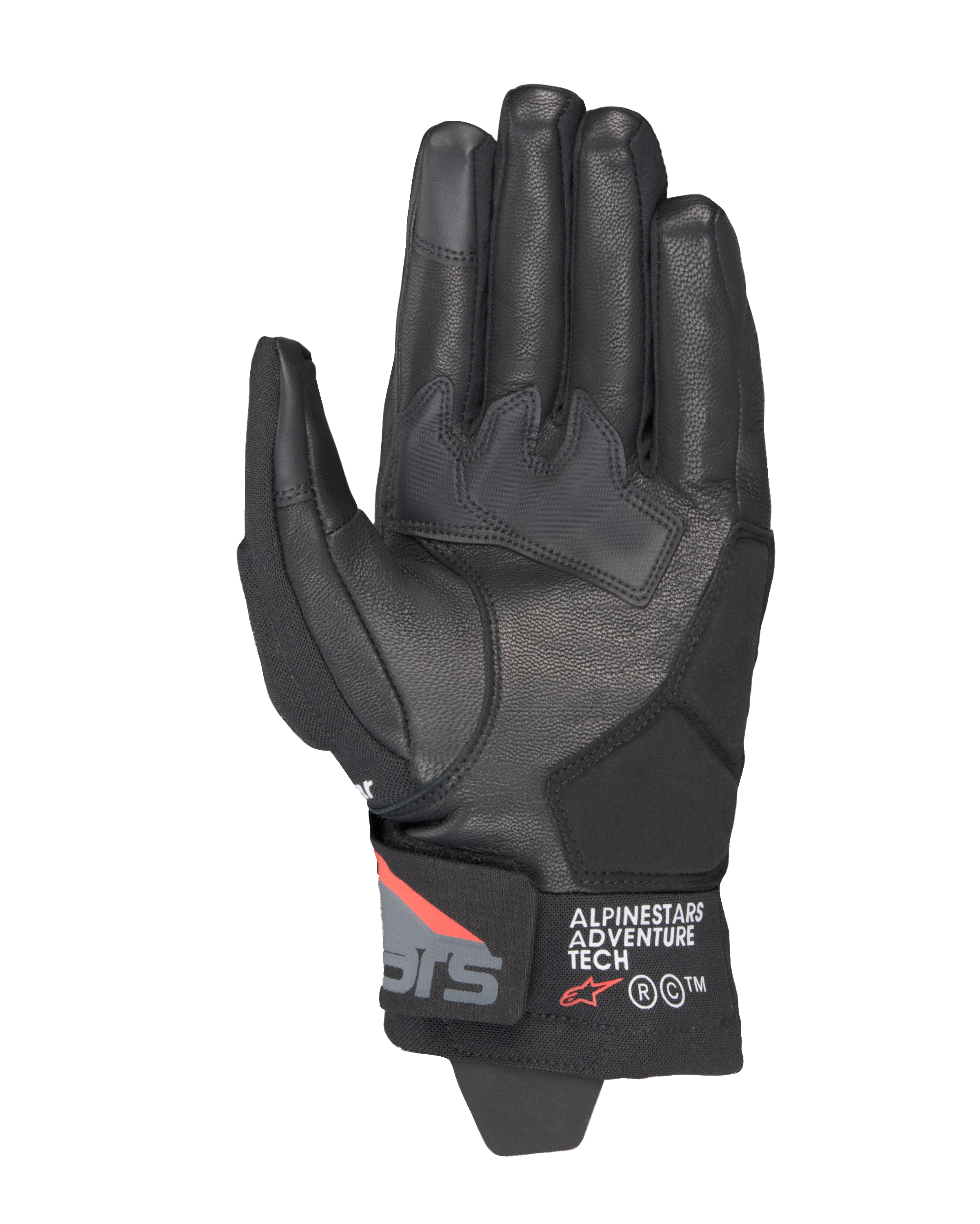 Alpinestars Corozal V3 Drystar® Gloves, Black Deep Gray Red Fluo, palm view featuring leather construction, synthetic palm reinforcements, and short cuff with Alpinestars Adventure Tech branding