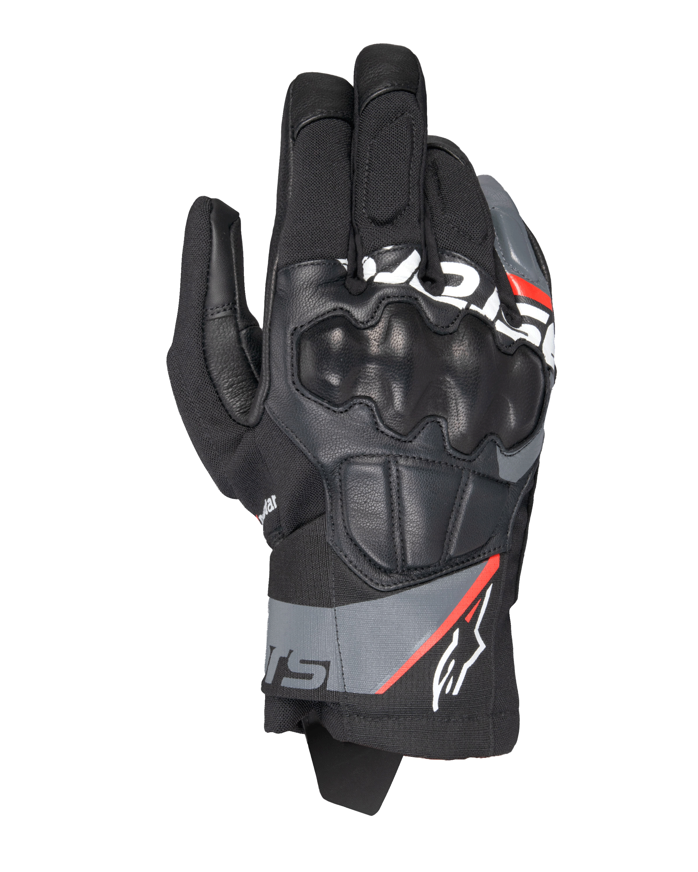 Guantes Alpinestars Corozal V3 Drystar®, guantes de moto para aventura, negros con detalles en gris oscuro y rojo flúor, vista superior que muestra la protección de nudillos SP recubierta de cuero, chasis de textil y cuero, y diseño de puño corto, equipamiento impermeable para conducción de aventura