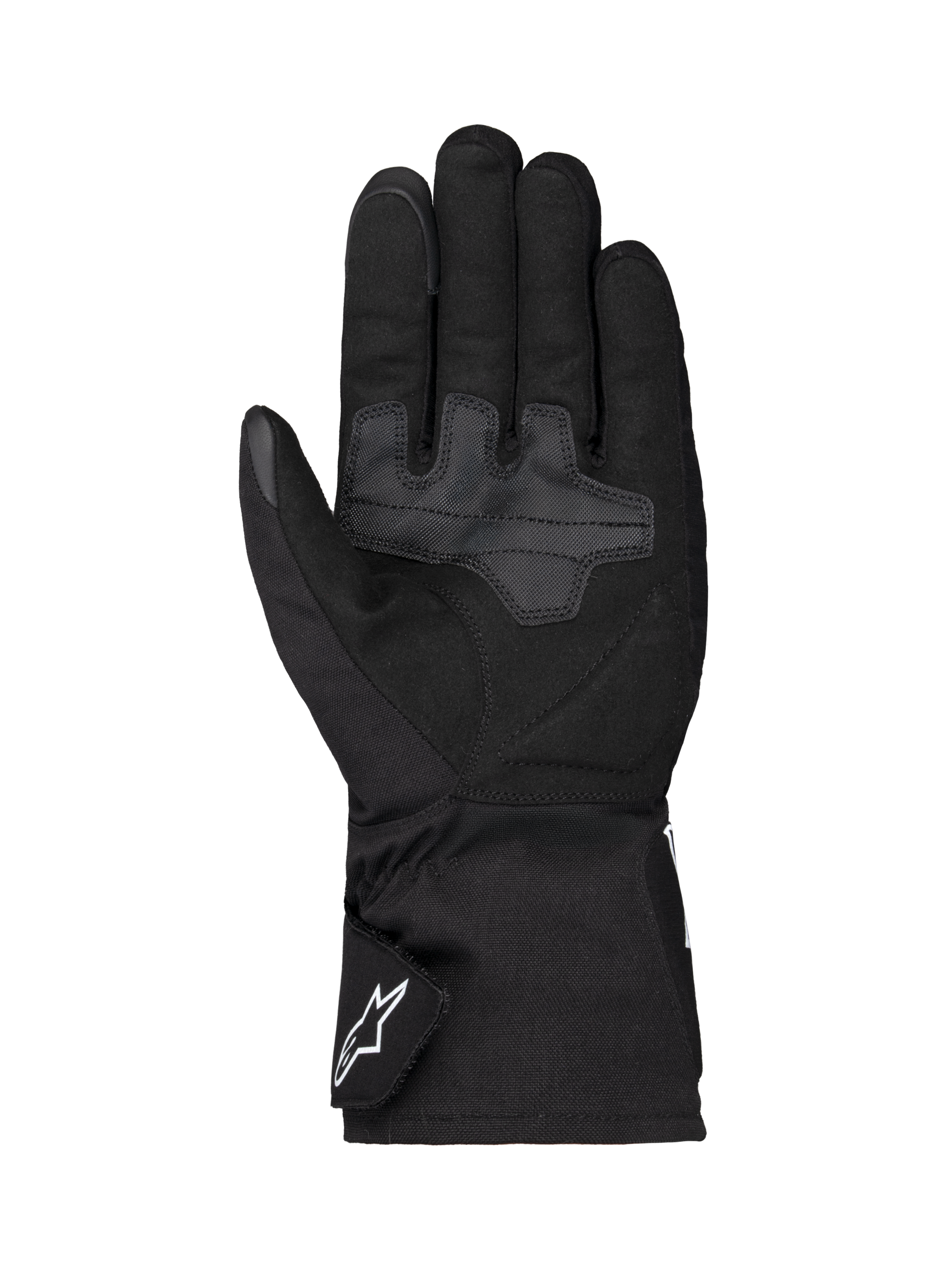 Guantes Alpinestars Wt-1 Drystar® térmicos, guantes de moto, negros, vista de la palma con zonas de agarre textil reforzadas, puño largo con logotipo blanco de Alpinestars en la correa, construcción resistente a la intemperie para conducción en carretera