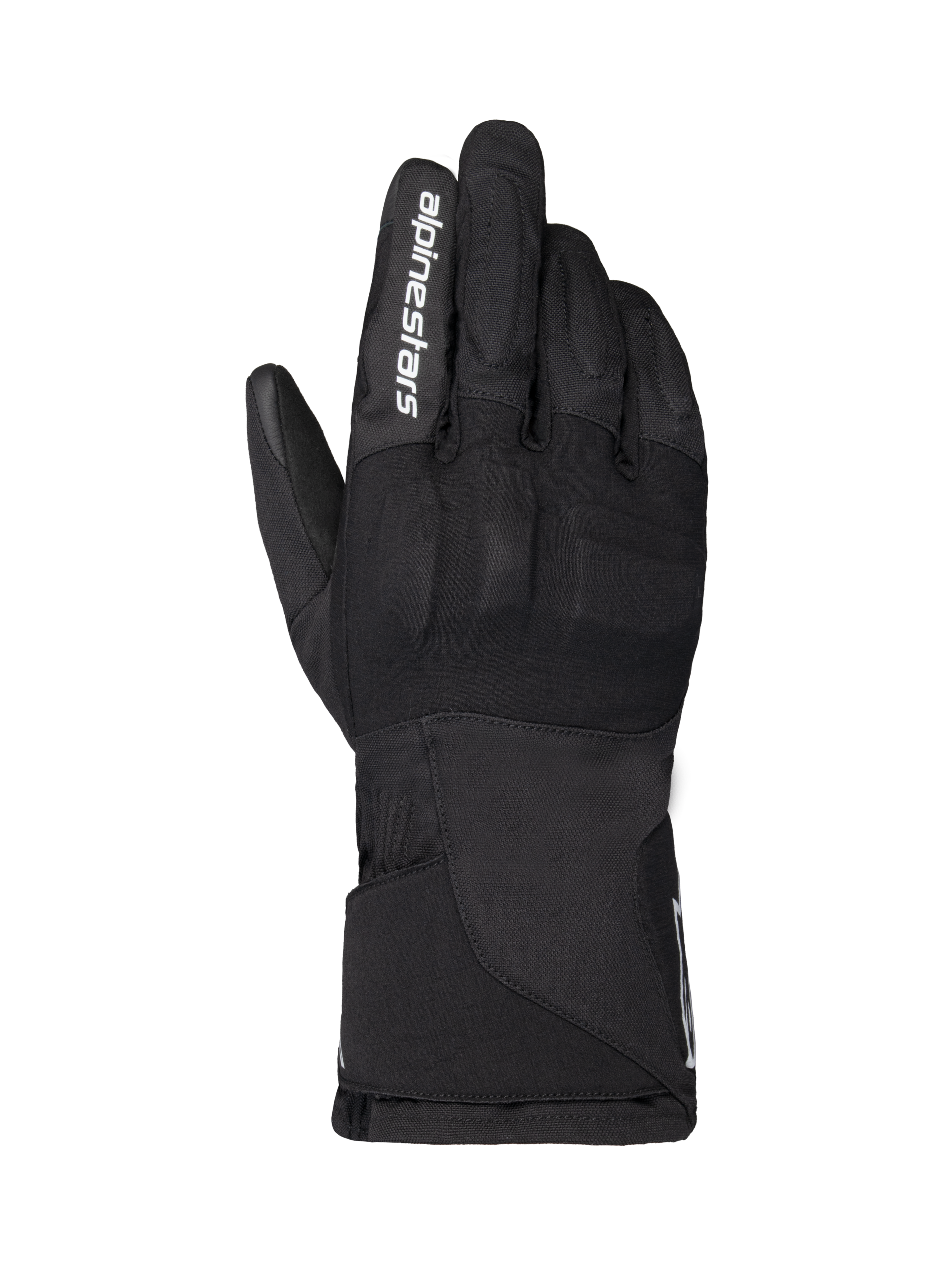 Guantes Alpinestars WT-1 Drystar Insulated, guantes de moto, negros, construcción textil con protección de nudillos integrada, logotipo blanco de Alpinestars en el dedo índice, puño largo de guantelete, equipo de conducción impermeable y térmico para uso en carretera y aventura