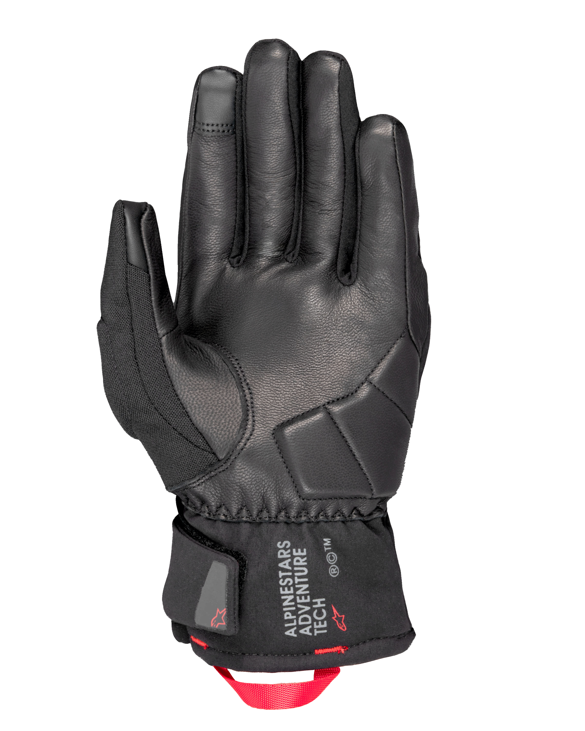 Guantes Alpinestars Crestone GORE-TEX Térmicos, guantes de moto, negro, vista de la palma con confección en cuero y acolchado de impacto reforzado, puño corto con el logotipo Alpinestars Adventure Tech y una cinta de tracción en rojo brillante