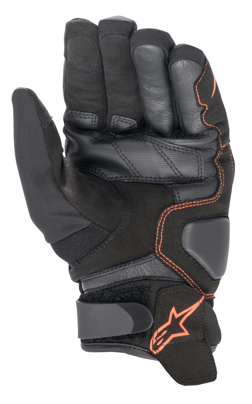 Guantes Alpinestars SMX-1 Drystar®, guantes de moto, negro y rojo flúor, vista de la palma que destaca la construcción de cuero y gamuza reforzados, zonas de aterrizaje acolchadas y correa de velcro en la muñeca con el logo de la estrella roja