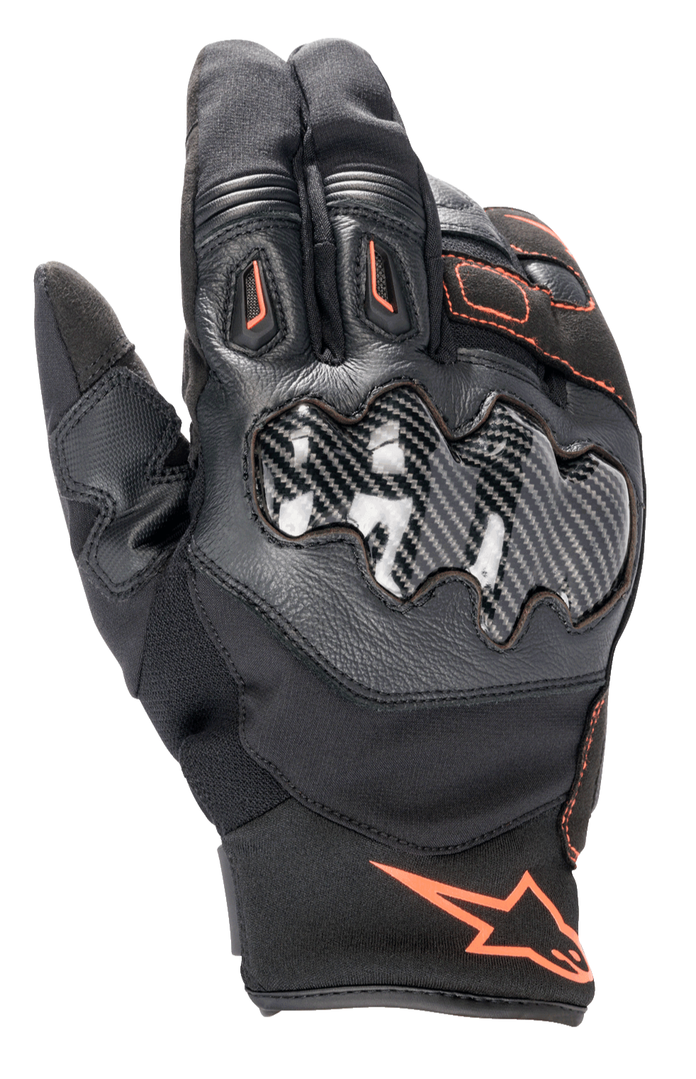 Alpinestars SMX-1 Drystar®, guantes de moto, negros con detalles rojo flúor, con protector de nudillos de efecto carbono, puño corto, construcción en cuero y tejido, membrana Drystar® impermeable
