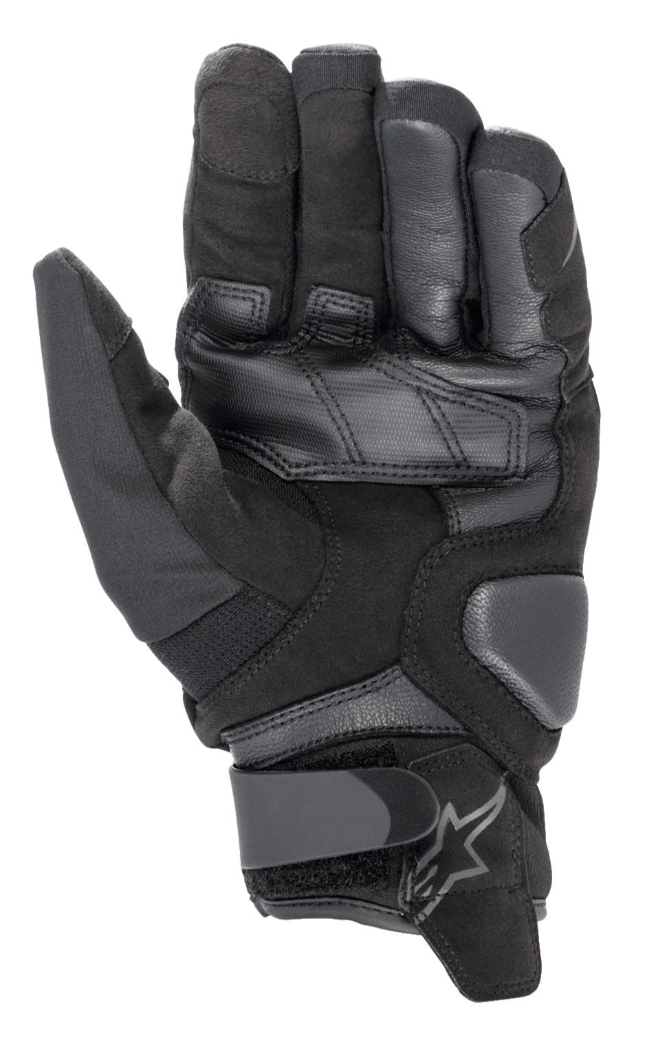 Guantes Alpinestars SMX-1 Drystar®, guantes de moto, negro negro, vista de la palma que muestra la construcción de ante sintético, refuerzos de cuero, zonas de aterrizaje acolchadas y cierre de muñeca ajustable con logotipo