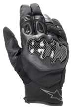 Guantes Alpinestars SMX-1 Drystar®, guantes de moto negros, con protección de nudillos con efecto carbono, confeccionados en cuero y tejido, puño corto con el logotipo de Alpinestars en la muñeca