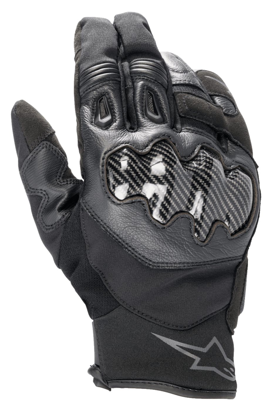 Guantes Alpinestars SMX-1 Drystar®, guantes de moto negros, con protección de nudillos con efecto carbono, confeccionados en cuero y tejido, puño corto con el logotipo de Alpinestars en la muñeca
