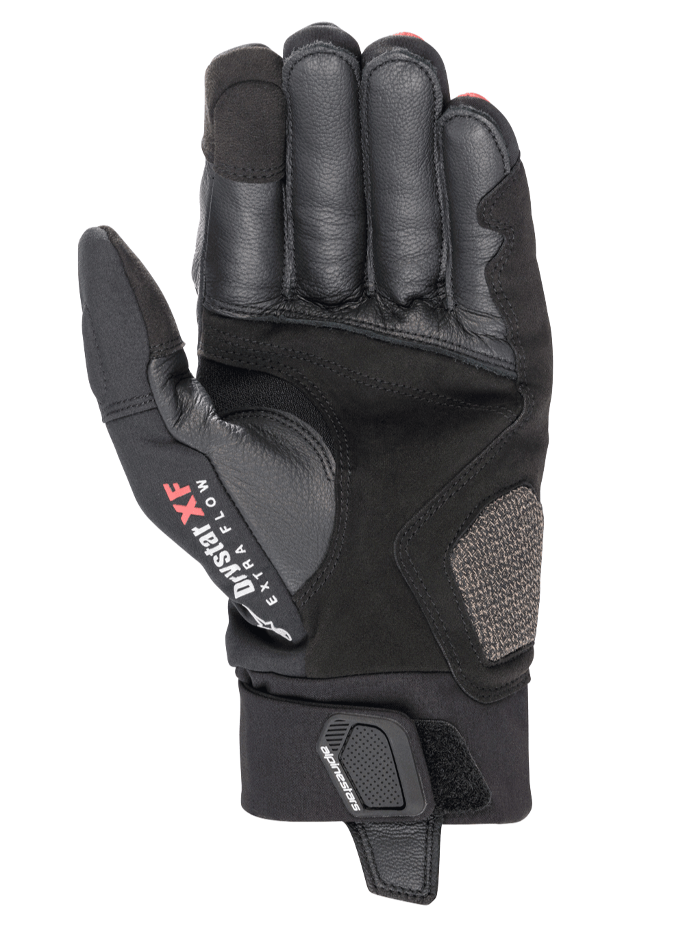 Guantes Alpinestars Hyde XT Drystar® XF, guantes de moto, negro y rojo brillante, vista de la palma que muestra la construcción de gamuza sintética reforzada, marca Drystar XF Extra Flow en el pulgar y solapa de cierre ajustable en la muñeca.