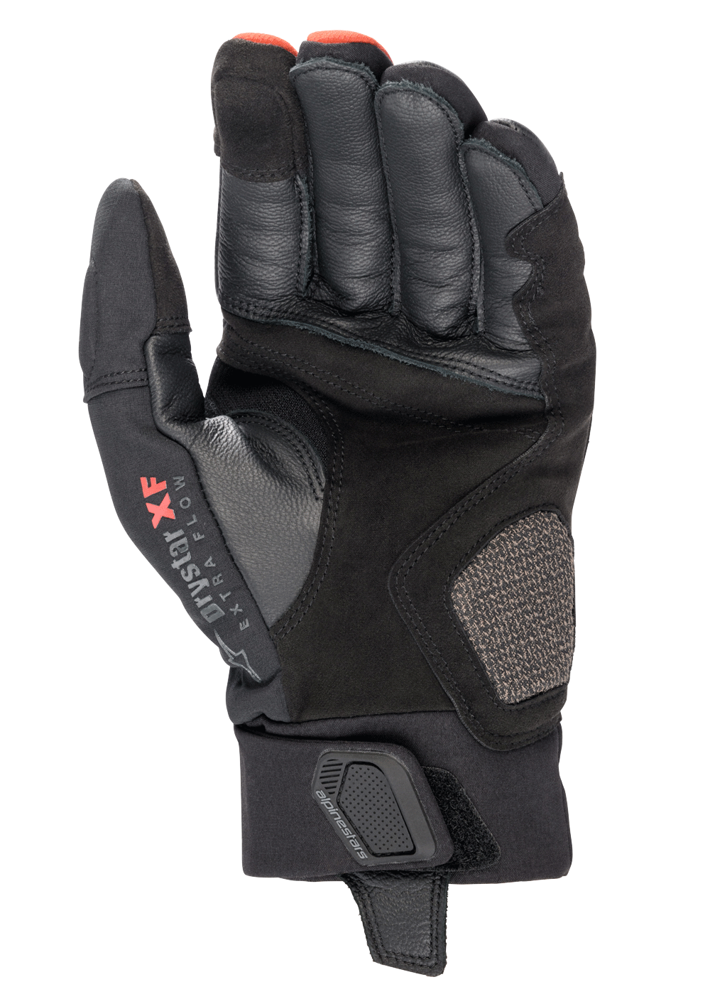 Guantes Alpinestars Hyde XT Drystar® XF, guantes de moto, negro y rojo fuego, vista de la palma que muestra la construcción de gamuza sintética reforzada, marca Drystar XF en el área del pulgar y correa de muñeca ajustable