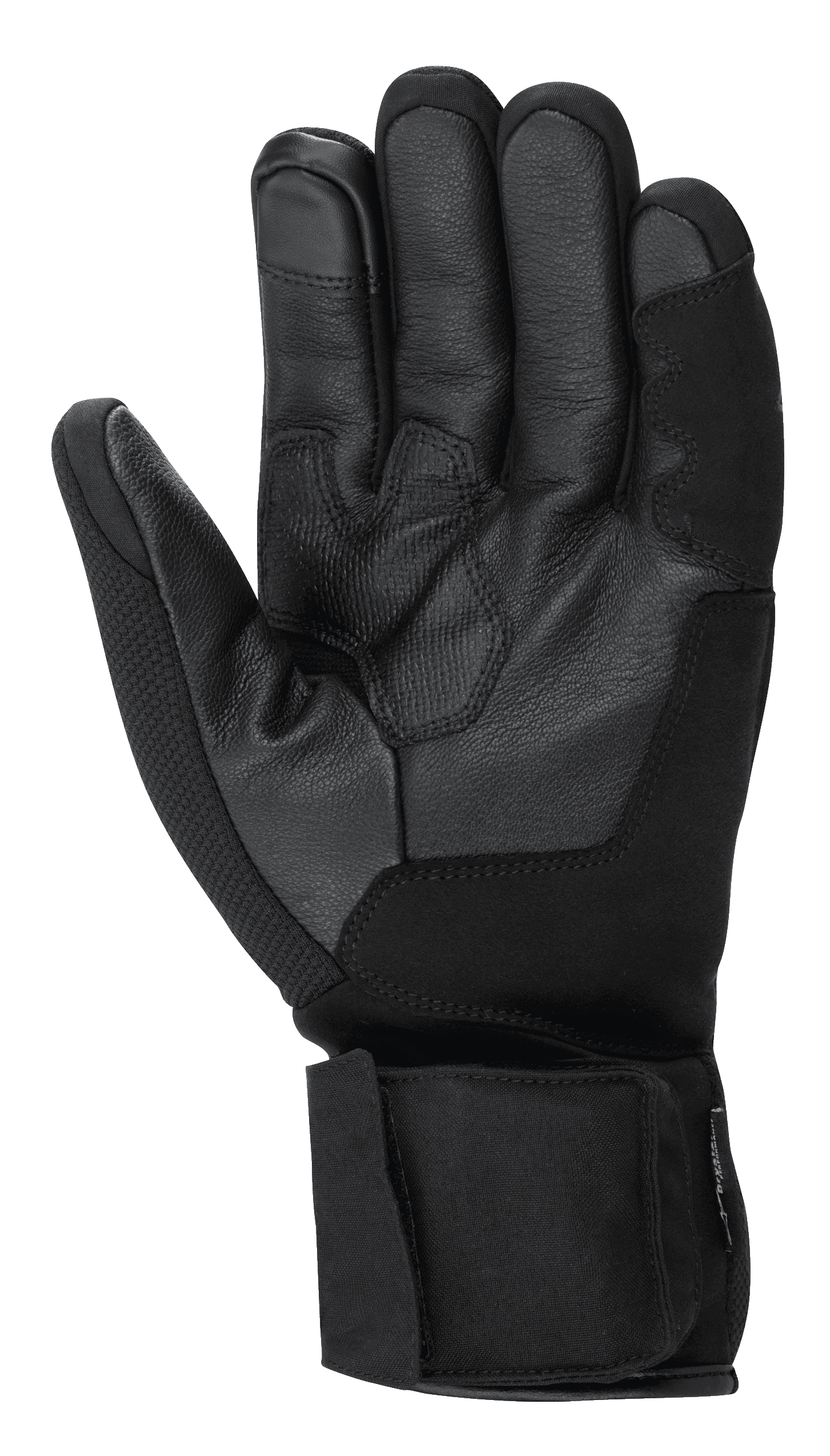 Guantes Alpinestars HT-3 Heat Tech Drystar®, guantes de moto negros, vista de la palma que muestra la construcción en piel de cabra, agarre texturizado en la palma y el pulgar, correa ajustable en el puño, dedo índice compatible con pantallas táctiles, equipamiento de invierno para touring