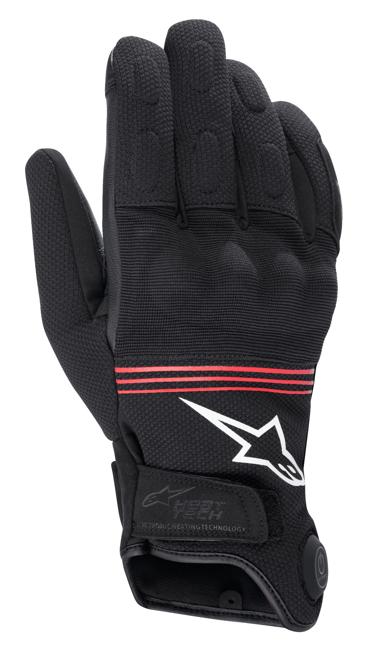 Guantes Alpinestars HT-3 Heat Tech Drystar®, guantes de moto con calefacción, negros con franjas rojas y logotipo blanco, con botón de control de tecnología de calefacción electrónica en el puño, nudillos reforzados y confección textil duradera