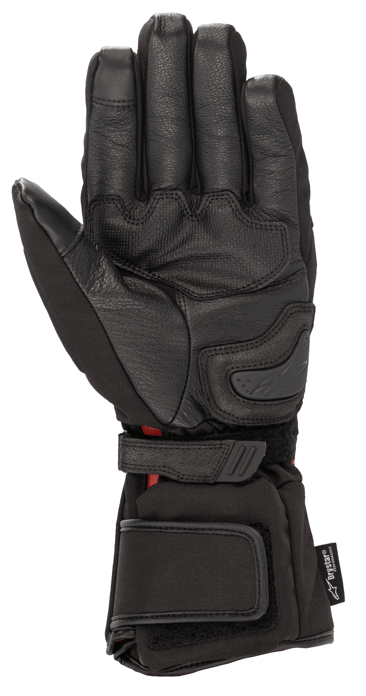 Guantes Alpinestars HT-5 Heat Tech Drystar®, negros, vista de la palma, con confección en piel de cabra, deslizador de palma y correas ajustables en muñeca y puño, equipamiento de moto impermeable y calefactable para touring de invierno