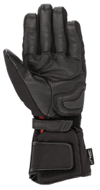 Guantes Alpinestars HT-5 Heat Tech Drystar®, negros, vista de la palma, con confección en piel de cabra, deslizador de palma y correas ajustables en muñeca y puño, equipamiento de moto impermeable y calefactable para touring de invierno
