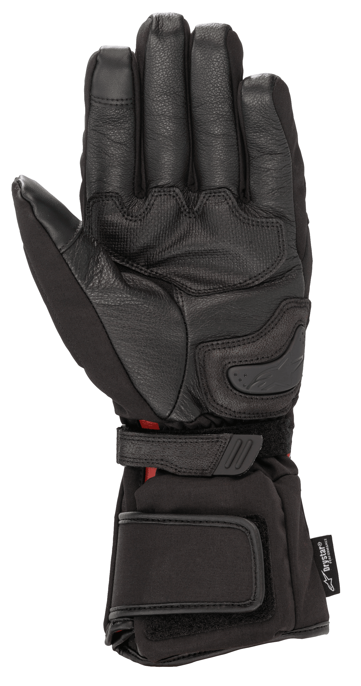 Guantes Alpinestars HT-5 Heat Tech Drystar®, negros, vista de la palma, con confección en piel de cabra, deslizador de palma y correas ajustables en muñeca y puño, equipamiento de moto impermeable y calefactable para touring de invierno