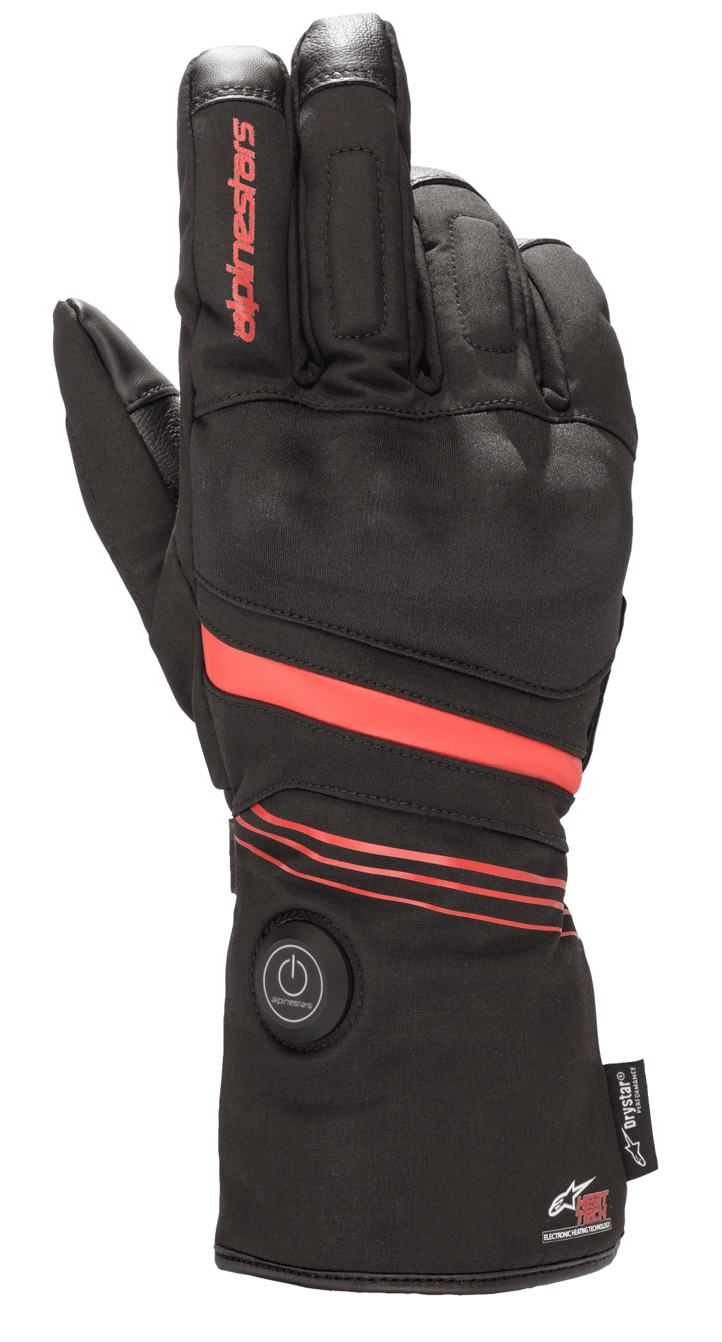 Guantes Alpinestars HT-5 Heat Tech Drystar®, guantes de moto calefactables, negros con detalles rojos, con un botón de encendido circular en el puño, franjas rojas en la mano y la muñeca, logotipo de Alpinestars en el dedo, diseñados para protección impermeable en climas fríos
