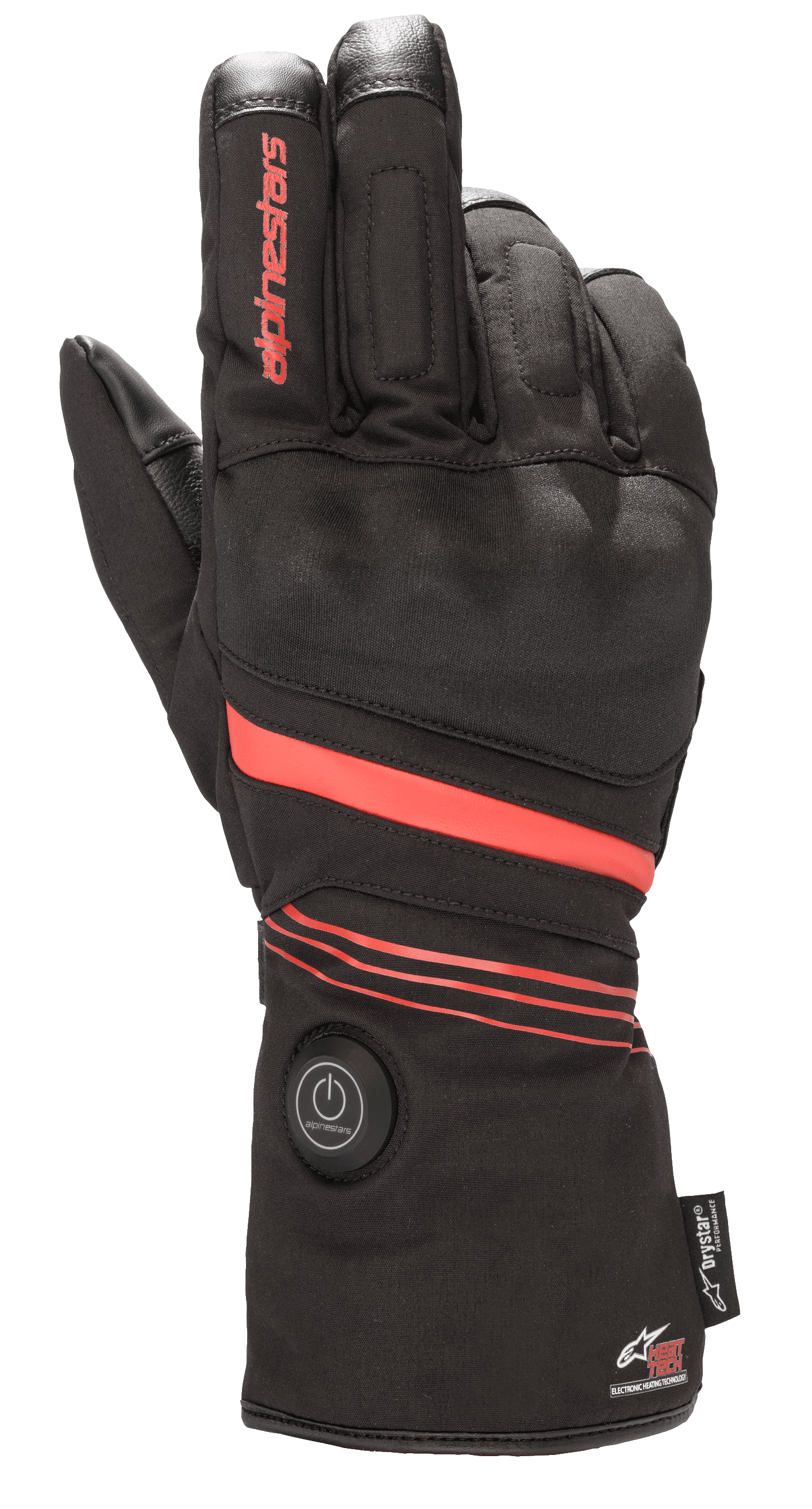 Guantes Alpinestars HT-5 Heat Tech Drystar®, guantes de moto calefactables, negros con detalles rojos, con un botón de encendido circular en el puño, franjas rojas en la mano y la muñeca, logotipo de Alpinestars en el dedo, diseñados para protección impermeable en climas fríos