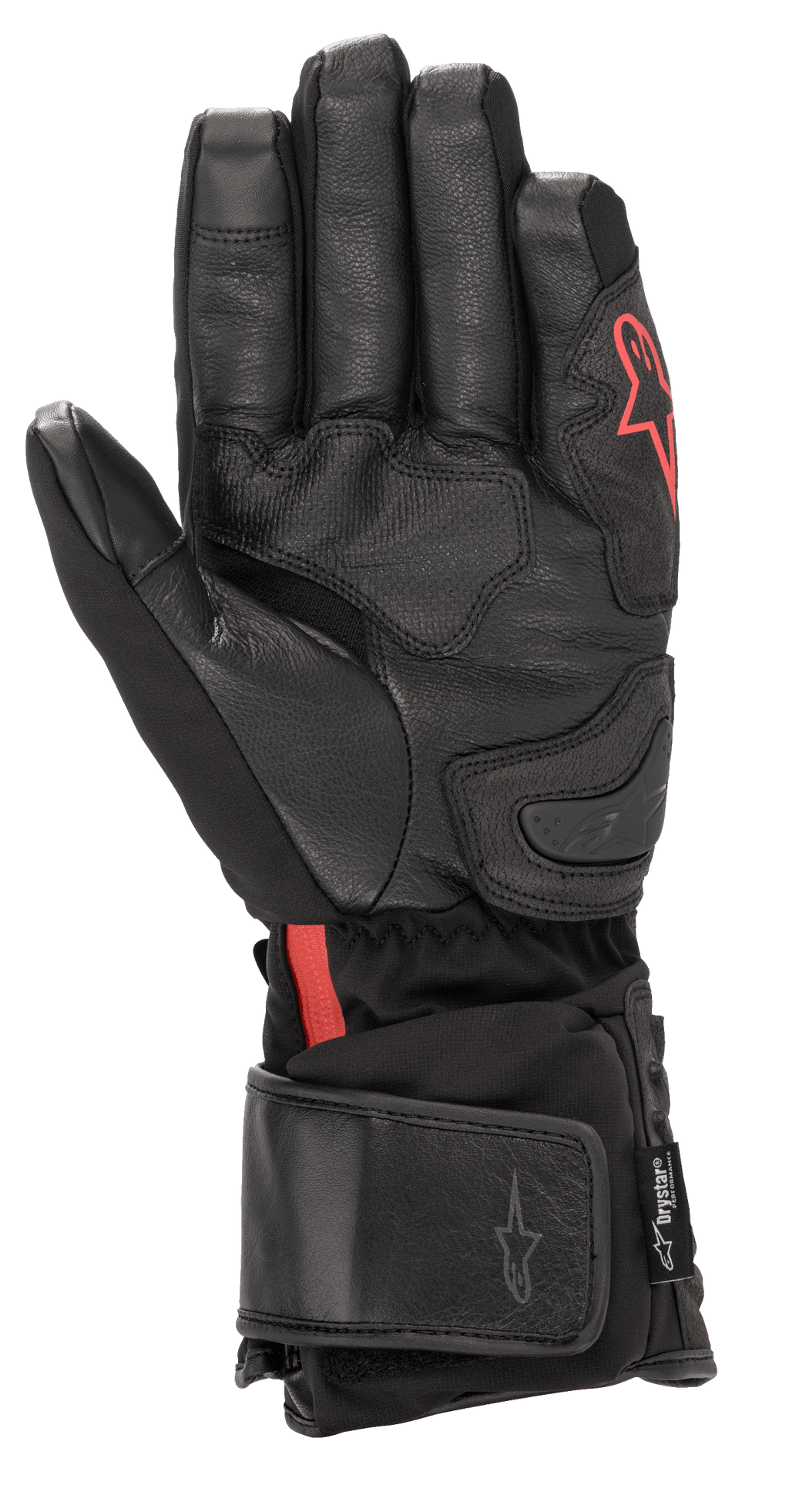 Guantes Alpinestars HT-7 Heat Tech Drystar®, guantes de moto calefactables negros, con palma de cuero y confección softshell, logotipo Alpinestars rojo, tecnología impermeable Drystar® y puño ajustable para conducción en carretera con clima frío
