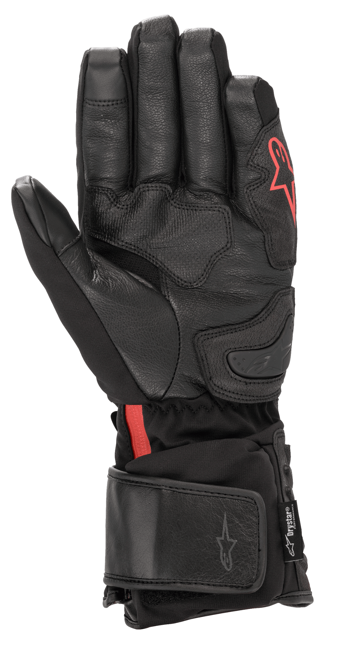 Guantes Alpinestars HT-7 Heat Tech Drystar®, guantes de moto calefactables negros, con palma de cuero y confección softshell, logotipo Alpinestars rojo, tecnología impermeable Drystar® y puño ajustable para conducción en carretera con clima frío