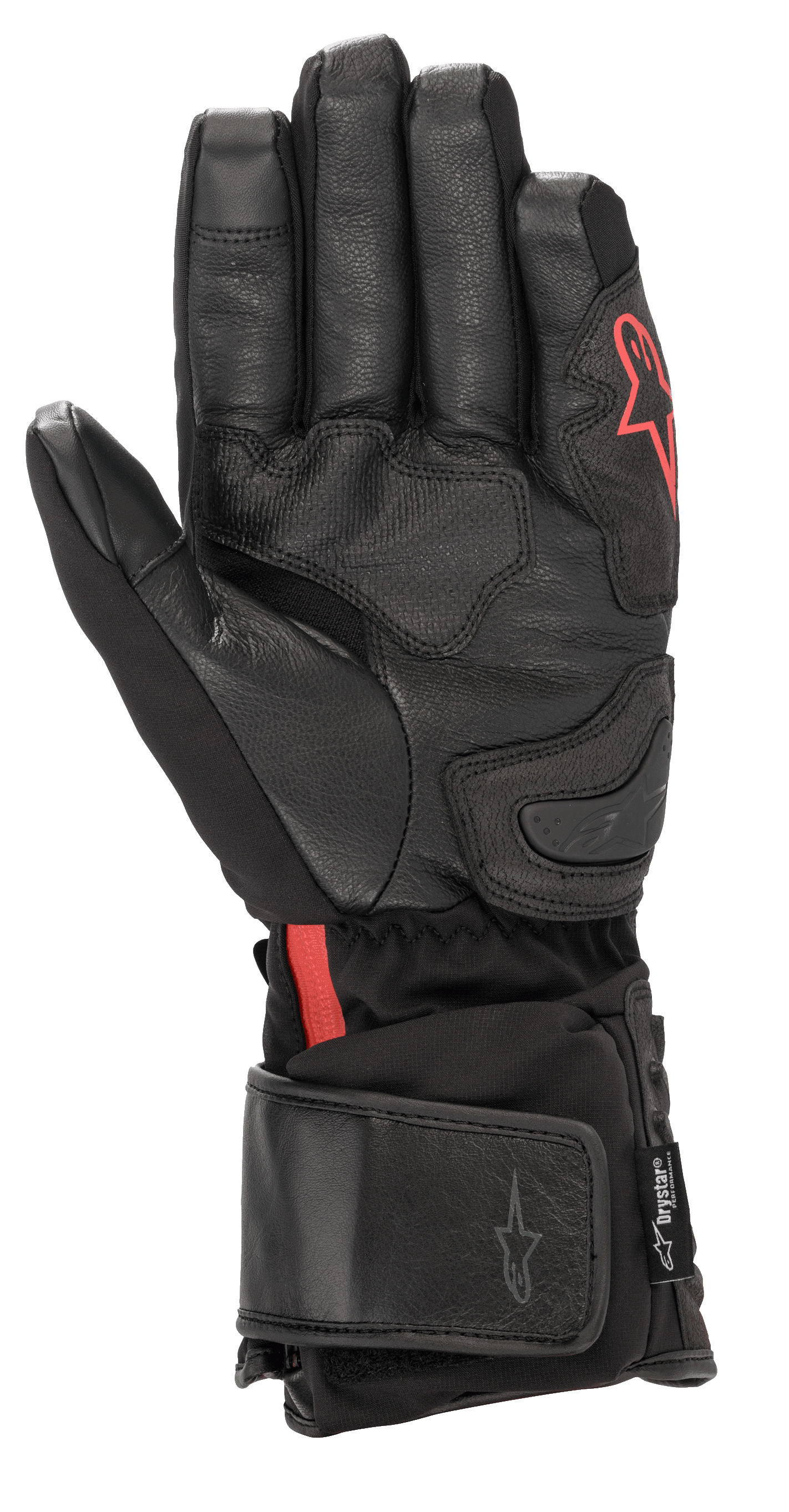 Guantes Alpinestars HT-7 Heat Tech Drystar®, guantes de moto calefactables negros, con palma de cuero y confección softshell, logotipo Alpinestars rojo, tecnología impermeable Drystar® y puño ajustable para conducción en carretera con clima frío