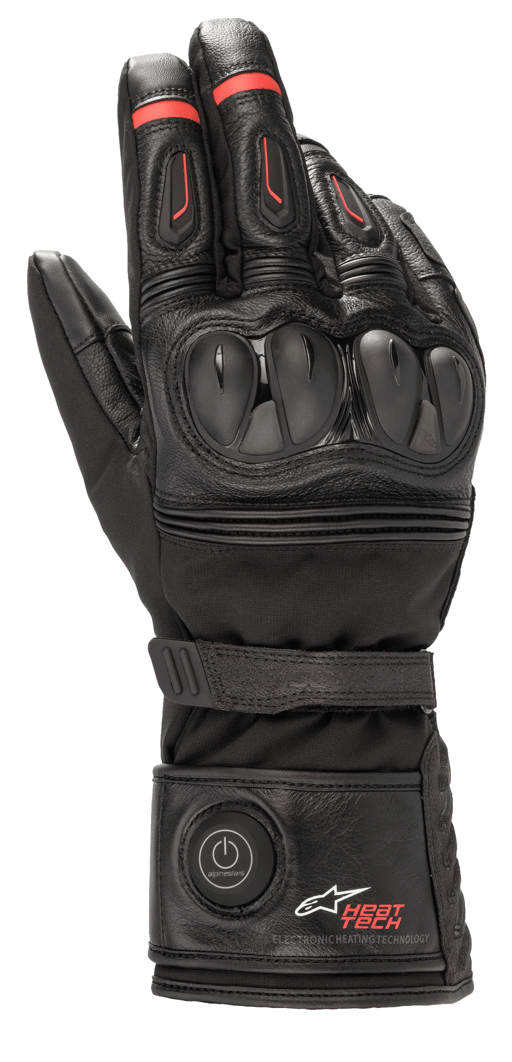 Guantes Alpinestars HT-7 Heat Tech Drystar, guantes de moto calefactables, negros con detalles rojos, sistema electrónico Heat Tech con botón de encendido en el puño, protección de nudillos en TPU, tecnología Drystar impermeable, construcción en cuero y tejido