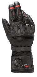 Guantes Alpinestars HT-7 Heat Tech Drystar, guantes de moto calefactables, negros con detalles rojos, sistema electrónico Heat Tech con botón de encendido en el puño, protección de nudillos en TPU, tecnología Drystar impermeable, construcción en cuero y tejido