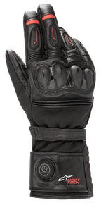 Guantes Alpinestars HT-7 Heat Tech Drystar, guantes de moto calefactables, negros con detalles rojos, sistema electrónico Heat Tech con botón de encendido en el puño, protección de nudillos en TPU, tecnología Drystar impermeable, construcción en cuero y tejido