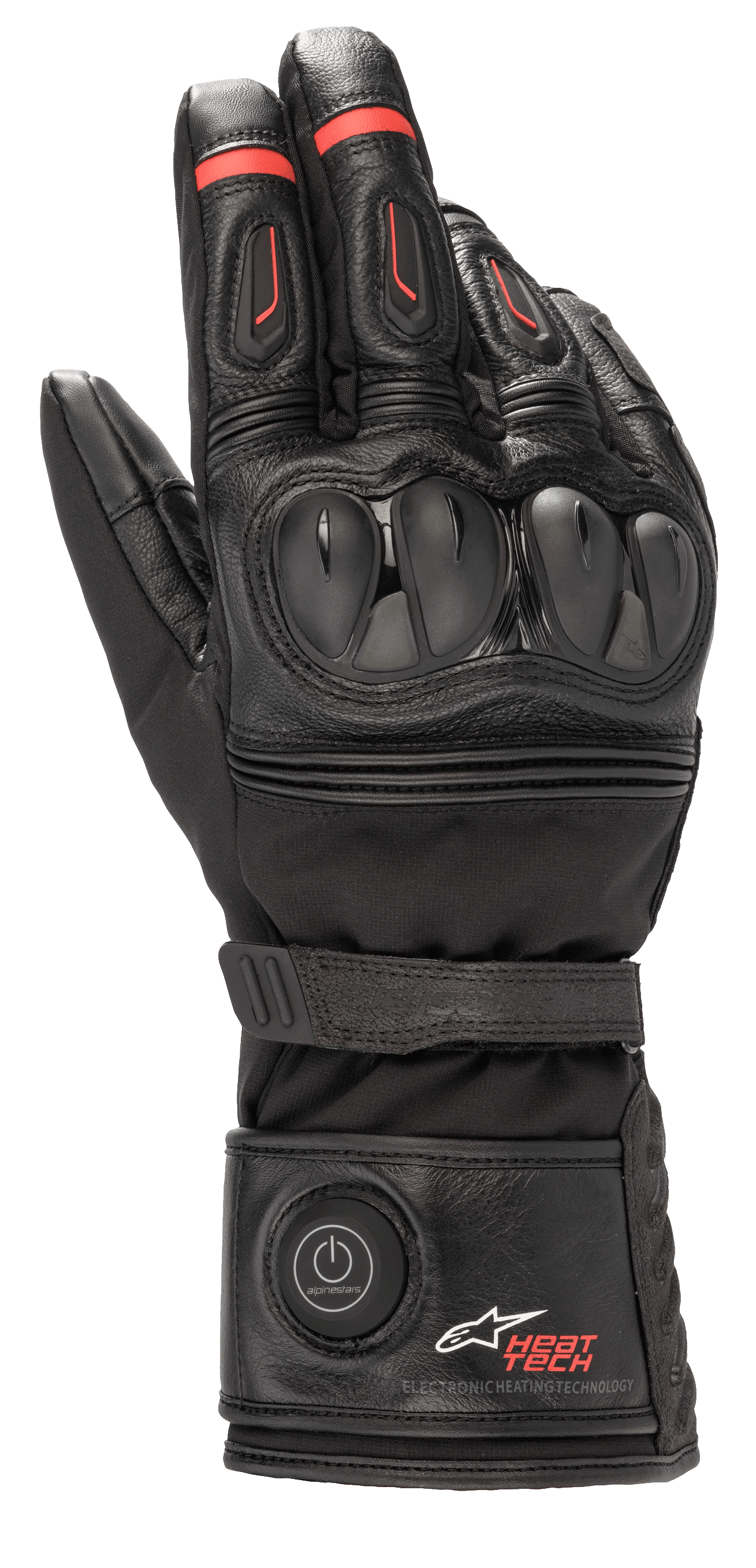 Guantes Alpinestars HT-7 Heat Tech Drystar, guantes de moto calefactables, negros con detalles rojos, sistema electrónico Heat Tech con botón de encendido en el puño, protección de nudillos en TPU, tecnología Drystar impermeable, construcción en cuero y tejido