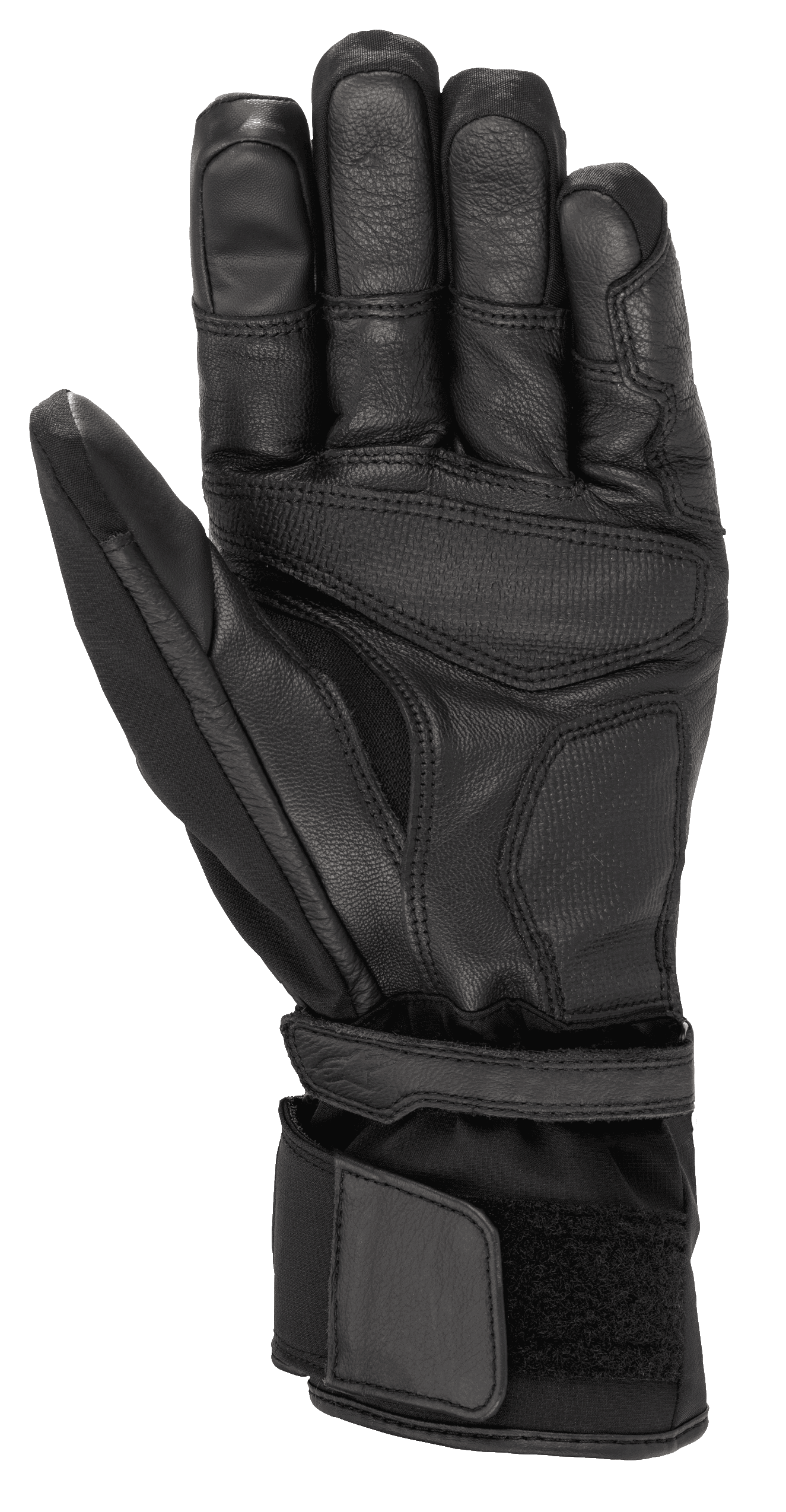 Guante Alpinestars Range 2 En Uno GORE-TEX con tecnología Goregrip, guante de moto, negro, vista de la palma que muestra la construcción en cuero de cabra, zonas de agarre reforzadas y puño largo con ajuste de velcro para un ajuste seguro.