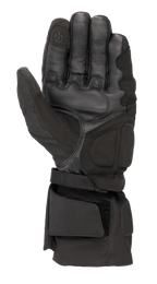 Guantes Alpinestars WR-X GORE-TEX, guantes de invierno para moto en color negro, vista de la palma que muestra la construcción de cuero y gamuza sintética, puño largo con correa ajustable y punta del dedo conductora compatible con pantallas táctiles.