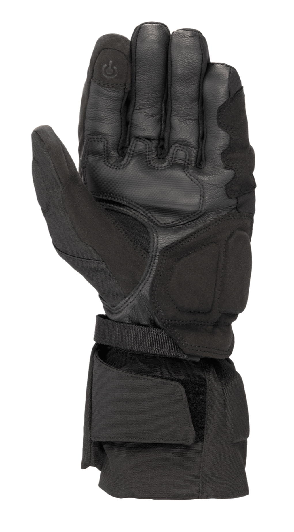 Guantes Alpinestars WR-X GORE-TEX, guantes de invierno para moto en color negro, vista de la palma que muestra la construcción de cuero y gamuza sintética, puño largo con correa ajustable y punta del dedo conductora compatible con pantallas táctiles.