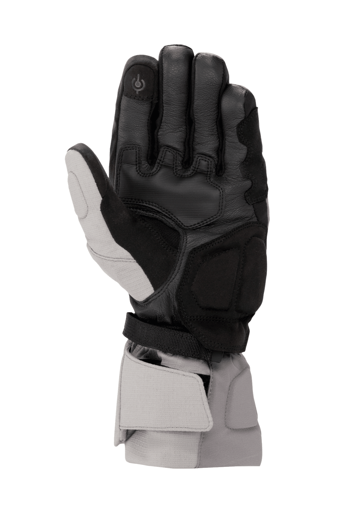Guantes Alpinestars WR-X GORE-TEX, guantes de invierno para moto, gris oscuro, gris hielo y negro, vista de la palma que muestra la construcción de cuero, refuerzos de gamuza sintética, dedo índice compatible con pantallas táctiles y puño largo para protección contra las inclemencias del tiempo