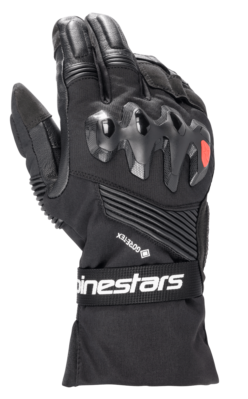 Alpinestars Boulder GORE-TEX Gloves, Black Motorcycle Gloves, featuring hard knuckle protection with red logo, GORE-TEX branding, accordion stretch panels, and a wrist strap with white Alpinestars branding, durable textile and leather construction