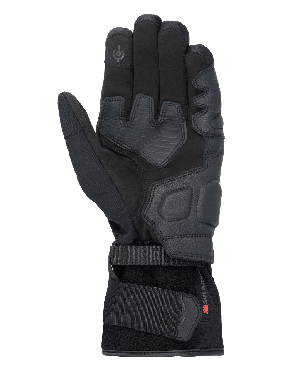 Guantes Alpinestars Tourer W-7 V2 Drystar®, guantes de moto negros, vista de la palma con refuerzos de cuero, áreas de agarre acolchadas, punta del dedo compatible con pantallas táctiles y cierre de correa ajustable en la muñeca