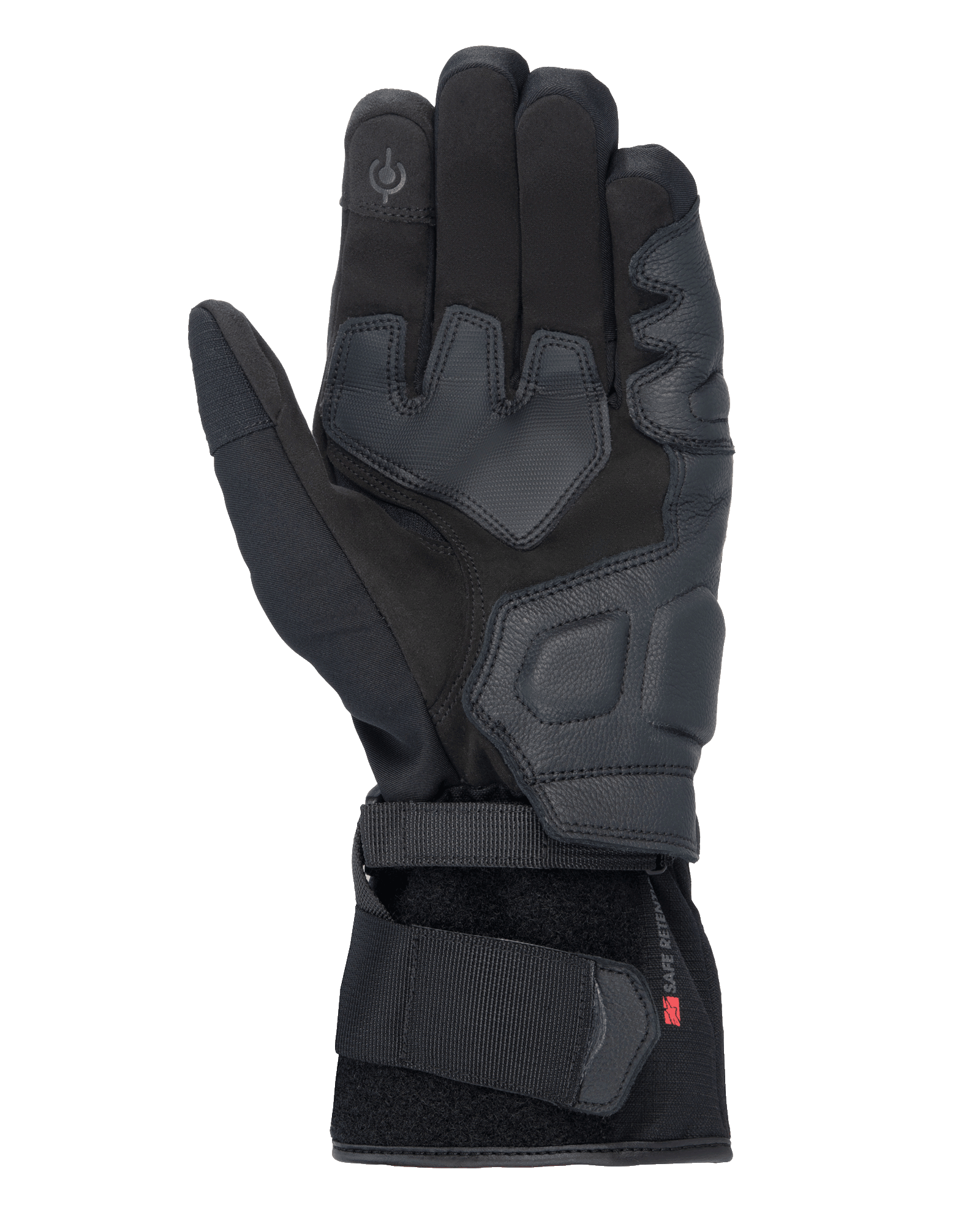 Guantes Alpinestars Tourer W-7 V2 Drystar®, guantes de moto negros, vista de la palma con refuerzos de cuero, áreas de agarre acolchadas, punta del dedo compatible con pantallas táctiles y cierre de correa ajustable en la muñeca
