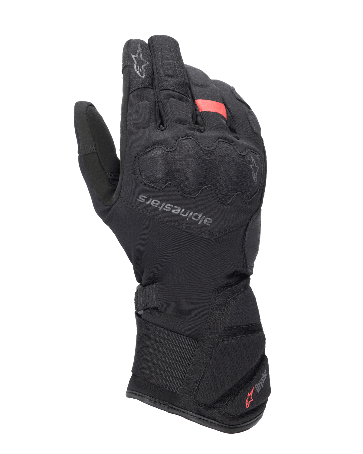 Guantes Alpinestars Tourer W-7 V2 Drystar, guantes de invierno para touring en moto, negros con detalles en rojo, con protección reforzada en los nudillos, logotipo de Alpinestars en el dorso de la mano y puño largo ajustable con marca Drystar