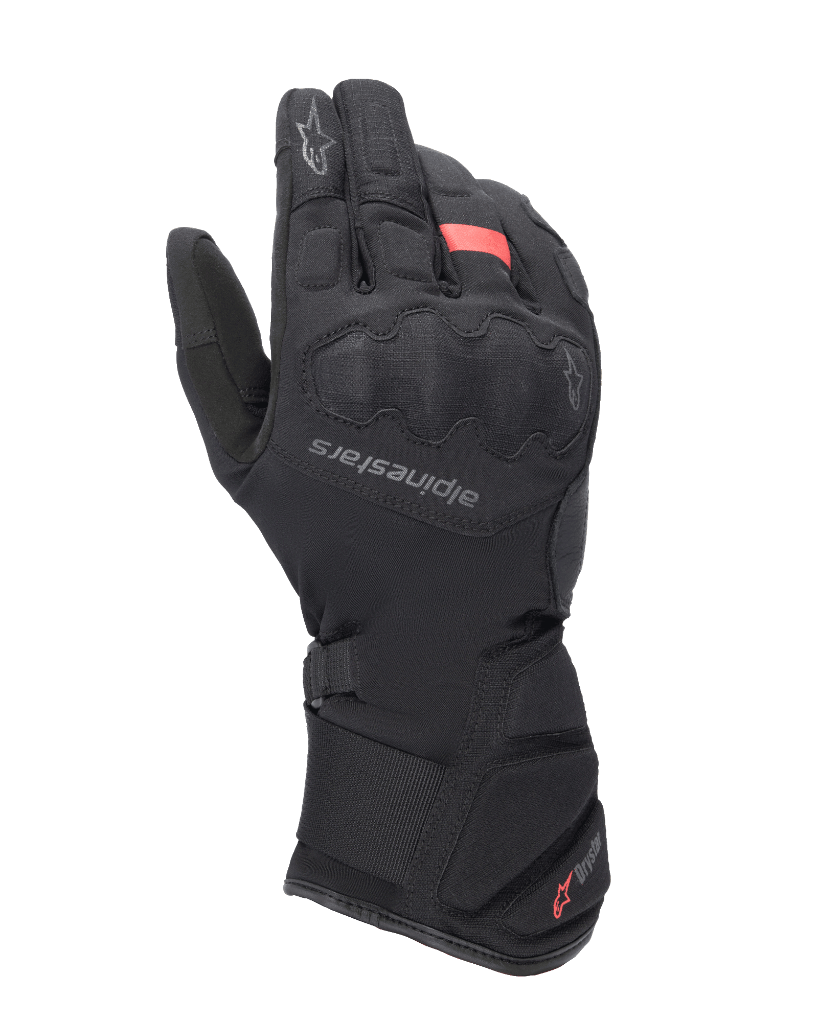 Guantes Alpinestars Tourer W-7 V2 Drystar, guantes de invierno para touring en moto, negros con detalles en rojo, con protección reforzada en los nudillos, logotipo de Alpinestars en el dorso de la mano y puño largo ajustable con marca Drystar