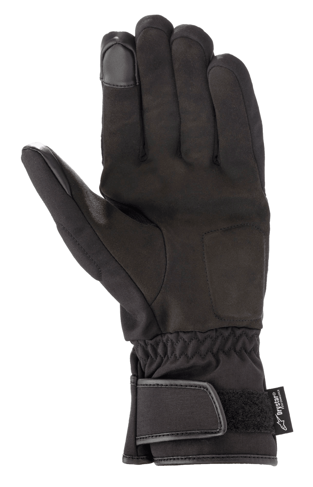 Alpinestars SR-3 V2 Drystar® Gloves, guantes de moto impermeables, negros, vista de la palma en cuero sintético, puño estilo guantelete con cierre de velcro y puntas de los dedos compatibles con pantallas táctiles