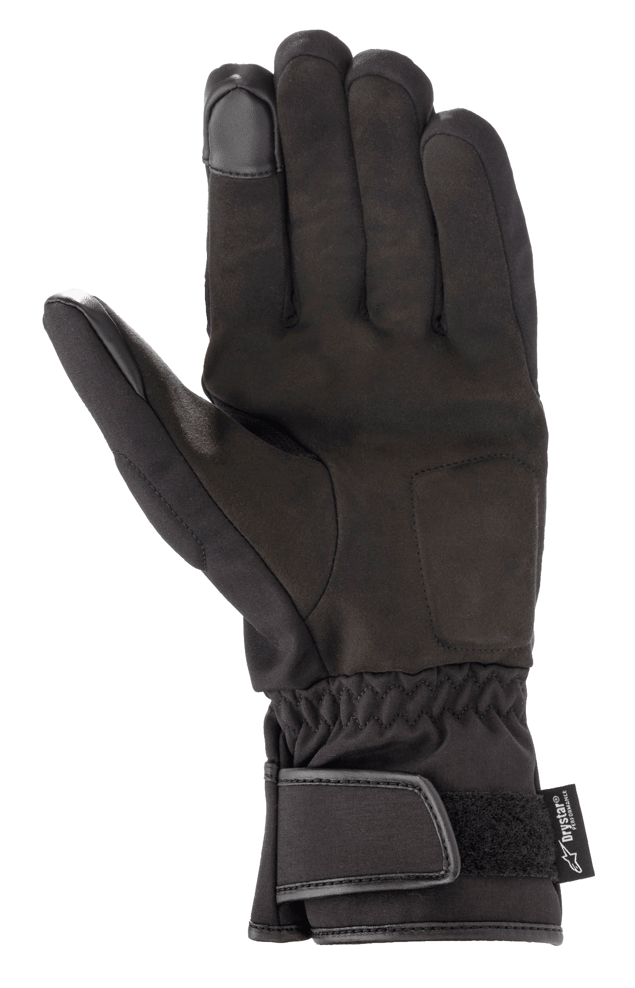 Alpinestars SR-3 V2 Drystar® Gloves, guantes de moto impermeables, negros, vista de la palma en cuero sintético, puño estilo guantelete con cierre de velcro y puntas de los dedos compatibles con pantallas táctiles