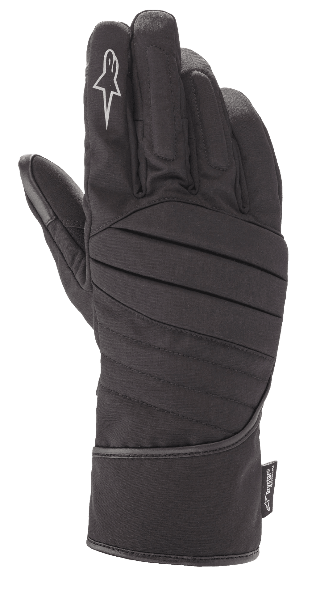 Guantes Alpinestars SR-3 V2 Drystar®, guantes de moto impermeables para touring en color negro, estilo guantelete con dorso acolchado y acanalado, logotipo de estrella blanca en el dedo índice y etiqueta de rendimiento Drystar®