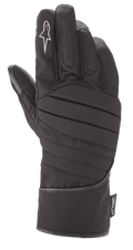 Guantes Alpinestars SR-3 V2 Drystar®, guantes de moto impermeables para touring en color negro, estilo guantelete con dorso acolchado y acanalado, logotipo de estrella blanca en el dedo índice y etiqueta de rendimiento Drystar®