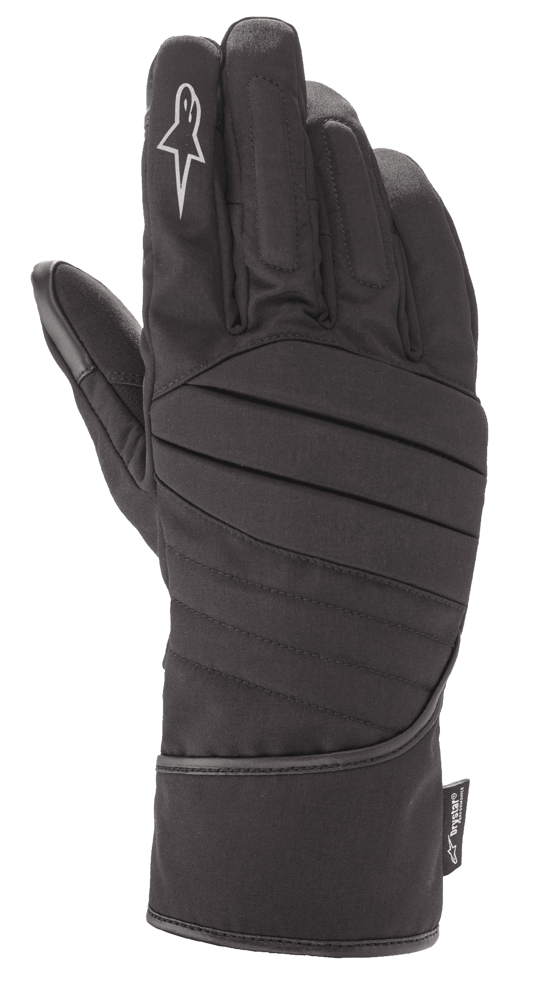 Guantes Alpinestars SR-3 V2 Drystar®, guantes de moto impermeables para touring en color negro, estilo guantelete con dorso acolchado y acanalado, logotipo de estrella blanca en el dedo índice y etiqueta de rendimiento Drystar®