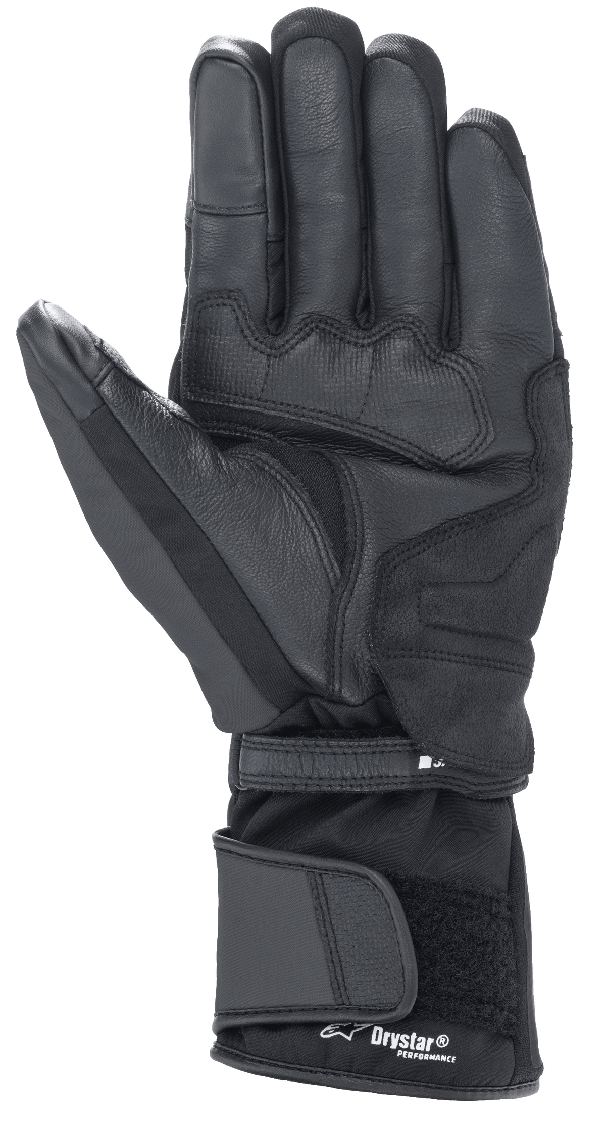 Guantes Alpinestars Denali Aerogel Drystar®, negro, vista de la palma con paneles de material reforzado, agarre texturizado en los dedos y puño largo ajustable con el logotipo Drystar® Performance, equipamiento de invierno para motociclismo de aventura