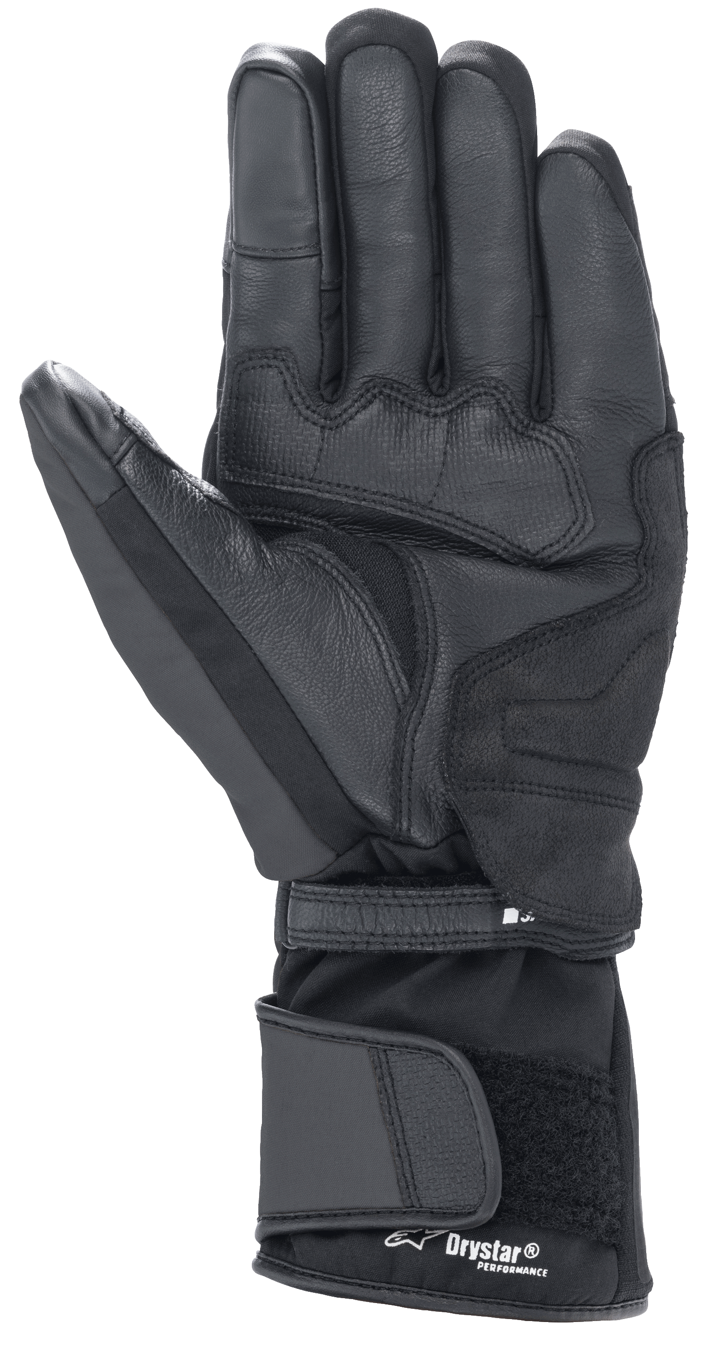 Guantes Alpinestars Denali Aerogel Drystar®, negro, vista de la palma con paneles de material reforzado, agarre texturizado en los dedos y puño largo ajustable con el logotipo Drystar® Performance, equipamiento de invierno para motociclismo de aventura
