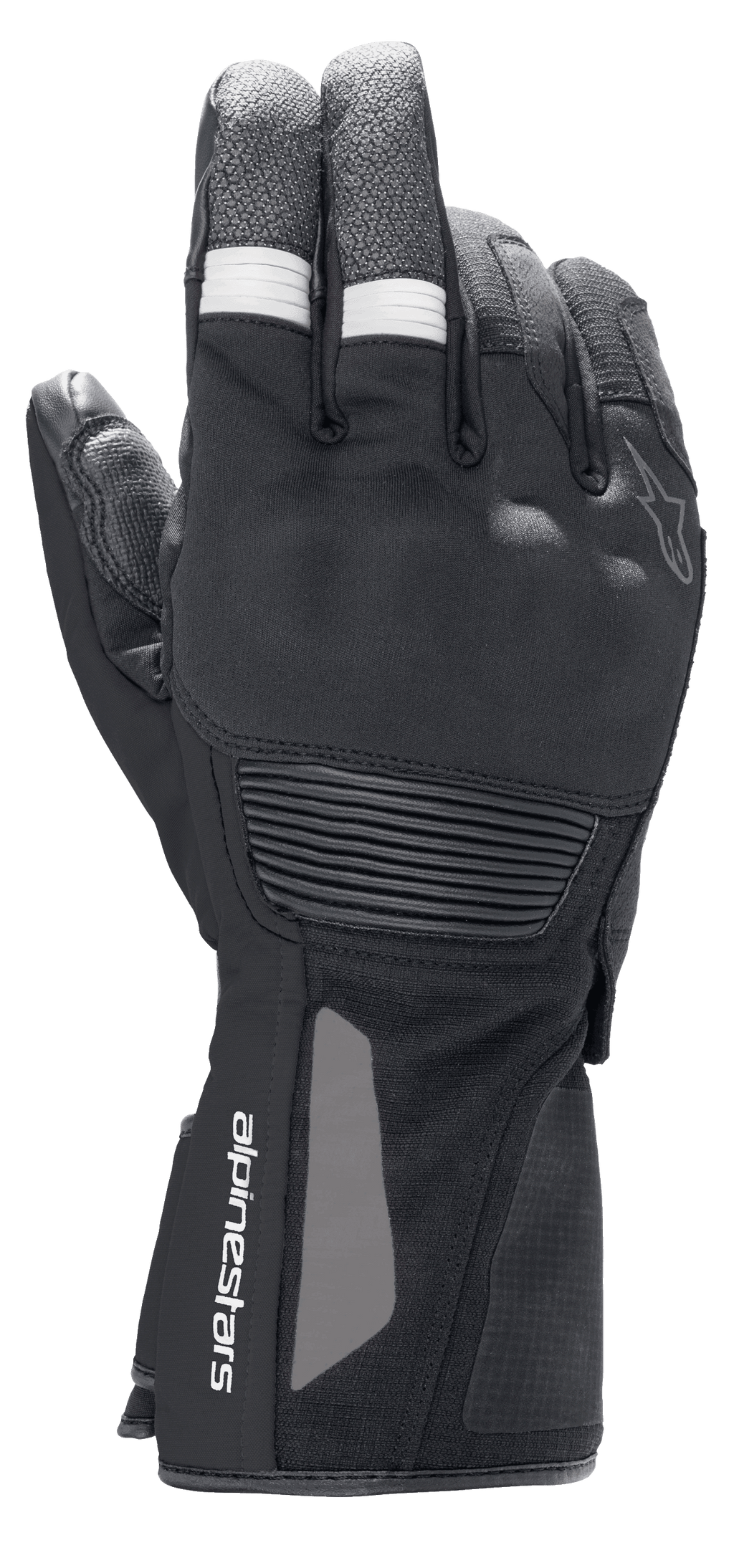 Guantes Alpinestars Denali Aerogel Drystar®, guantes de moto para turismo de aventura, negros con detalles acanalados blancos en los dedos, protección de nudillos moldeada y logotipo en la muñeca, construcción técnica multimaterial para rendimiento en climas fríos