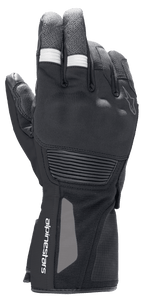 Guantes Alpinestars Denali Aerogel Drystar®, guantes de moto para turismo de aventura, negros con detalles acanalados blancos en los dedos, protección de nudillos moldeada y logotipo en la muñeca, construcción técnica multimaterial para rendimiento en climas fríos