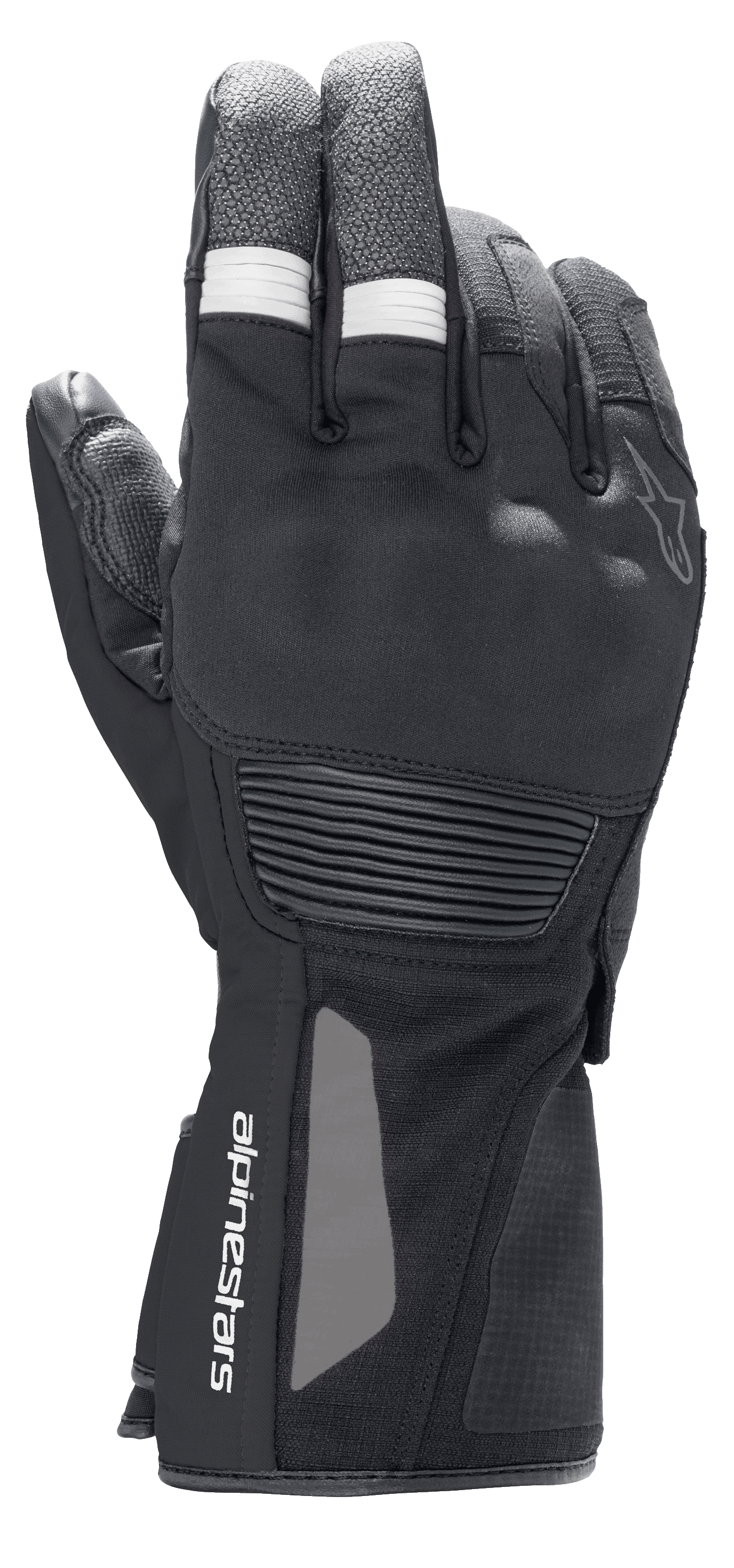 Guantes Alpinestars Denali Aerogel Drystar®, guantes de moto para turismo de aventura, negros con detalles acanalados blancos en los dedos, protección de nudillos moldeada y logotipo en la muñeca, construcción técnica multimaterial para rendimiento en climas fríos
