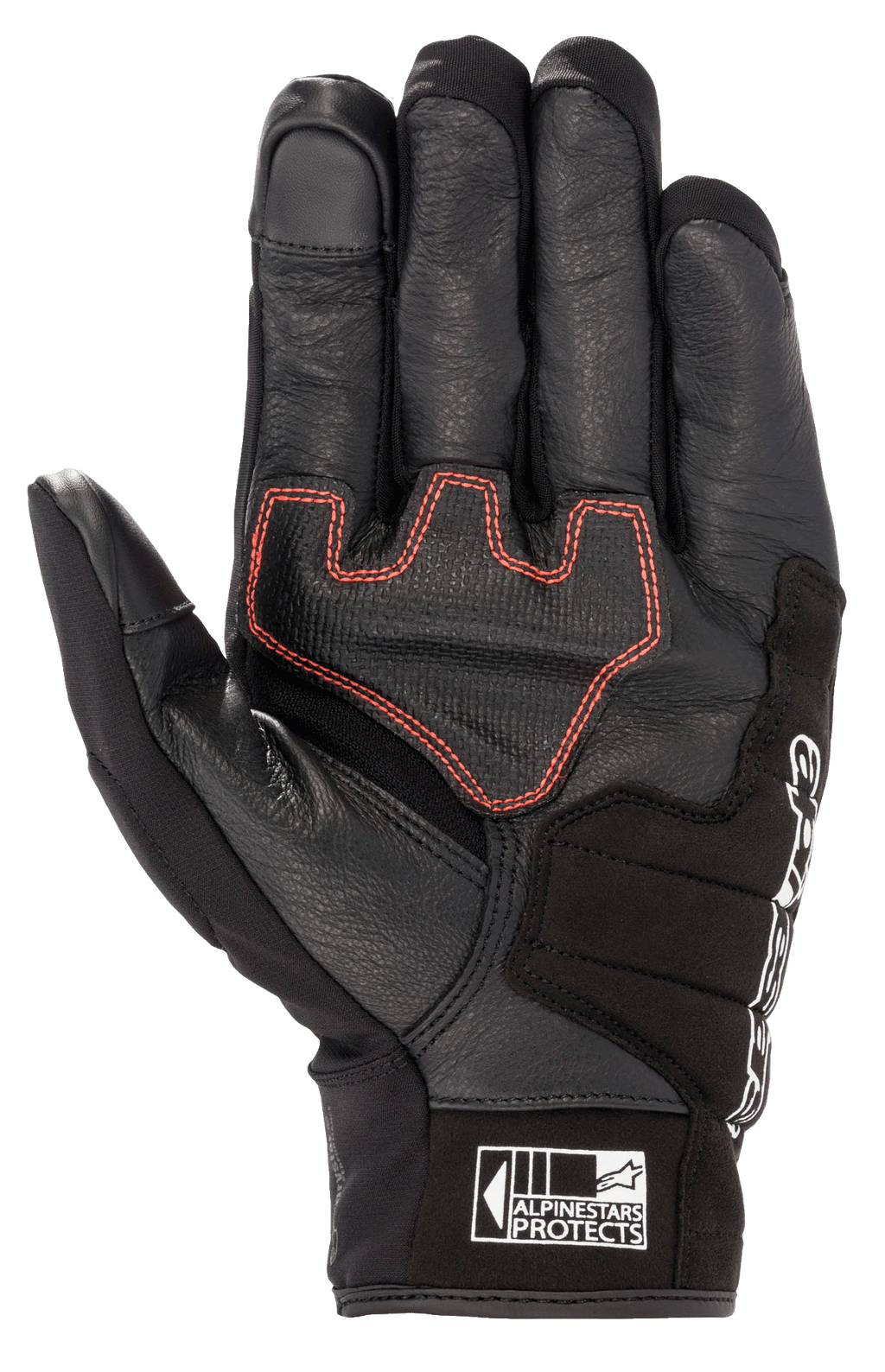 Guante Alpinestars Honda SMX Z Drystar®, guante de moto de puño corto, color negro con costuras geométricas en rojo brillante en la palma, confección en piel de cabra con refuerzos de ante, puntas de los dedos compatibles con pantallas táctiles y logotipo Alpinestars Protects en el puño.