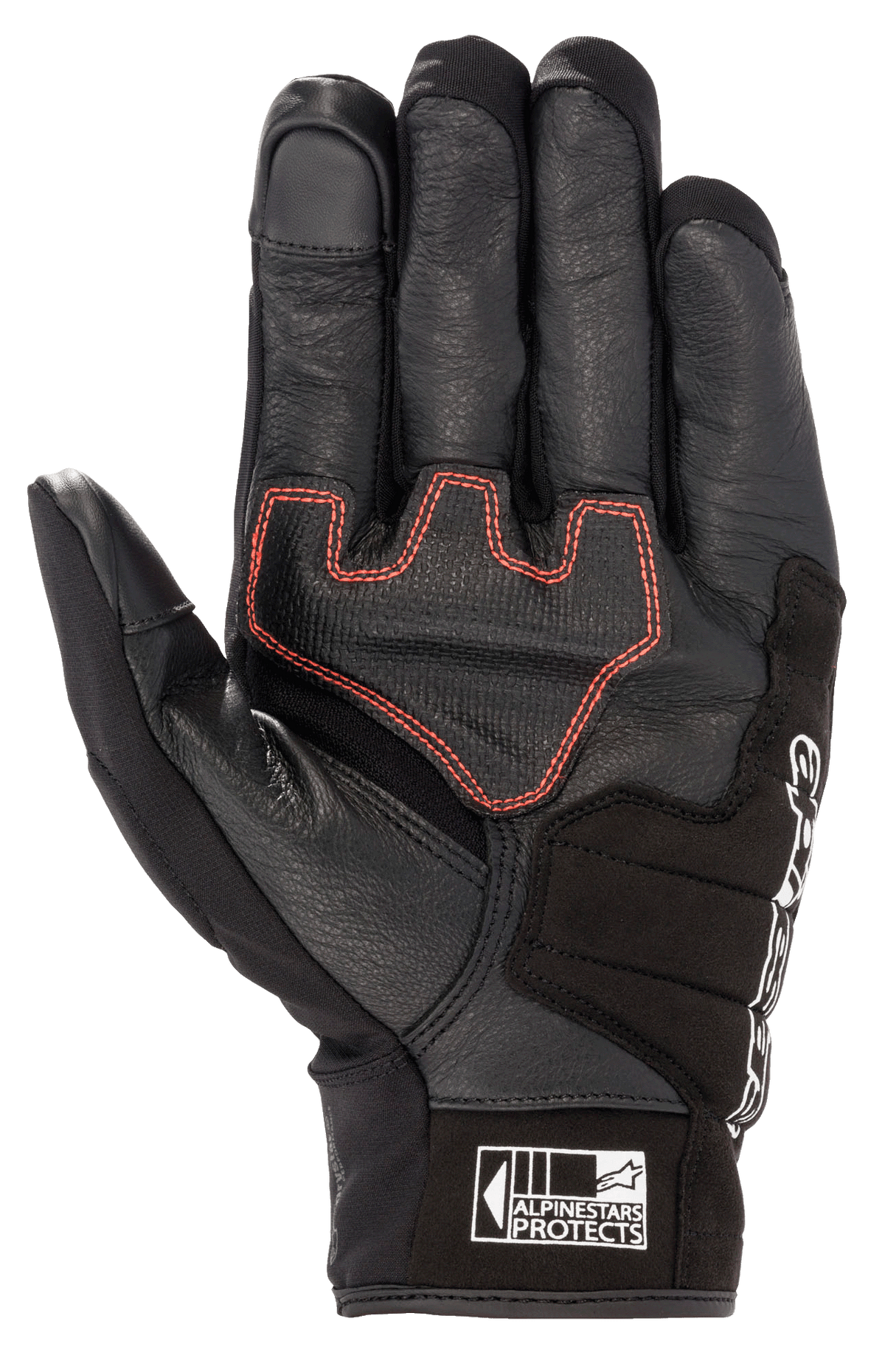 Guante Alpinestars Honda SMX Z Drystar®, guante de moto de puño corto, color negro con costuras geométricas en rojo brillante en la palma, confección en piel de cabra con refuerzos de ante, puntas de los dedos compatibles con pantallas táctiles y logotipo Alpinestars Protects en el puño.